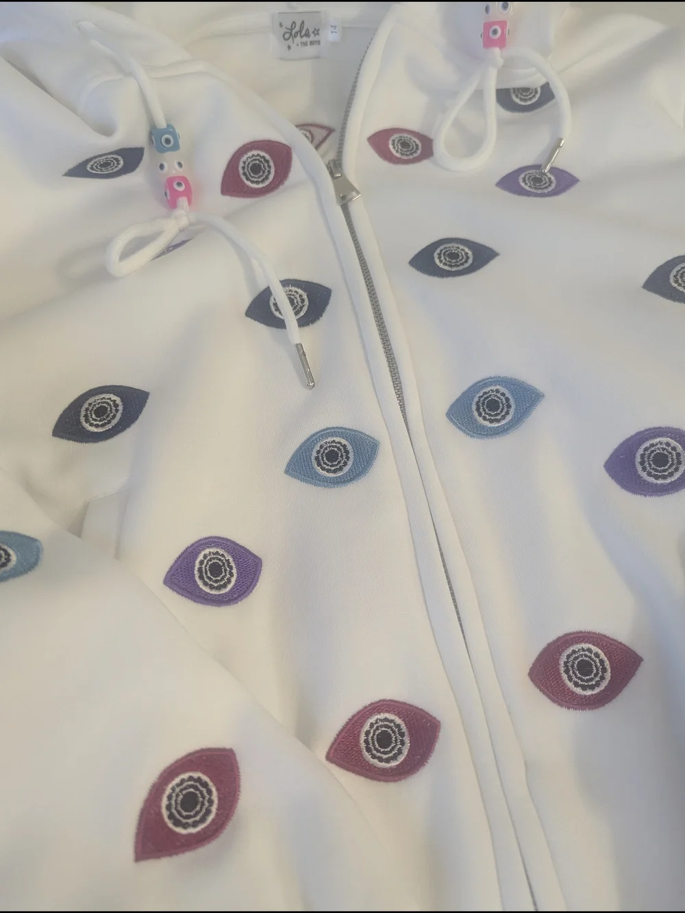 Lola + The Boys White Hoodie with Pink and Purple Eye Embroidery